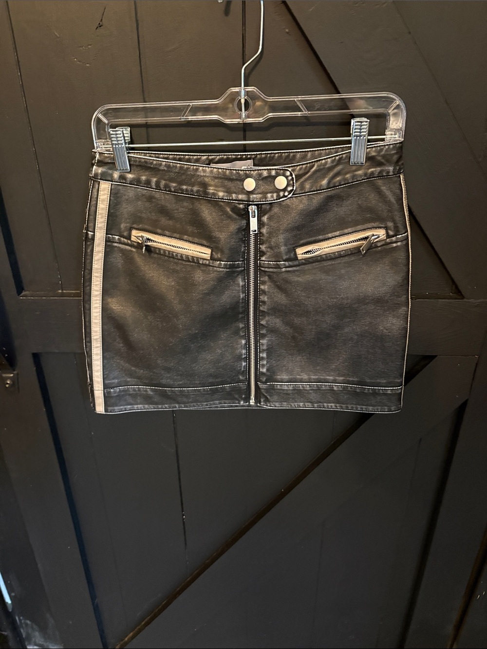 SO Black Faux Leather Mini Skirt with Silver Zipper Accents